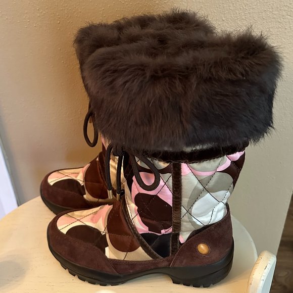🎀Host Pick🎀EUC Coach Vibram Quilted Boots With Fur/Brown/Green/Pink Size 6 - Picture 5 of 10